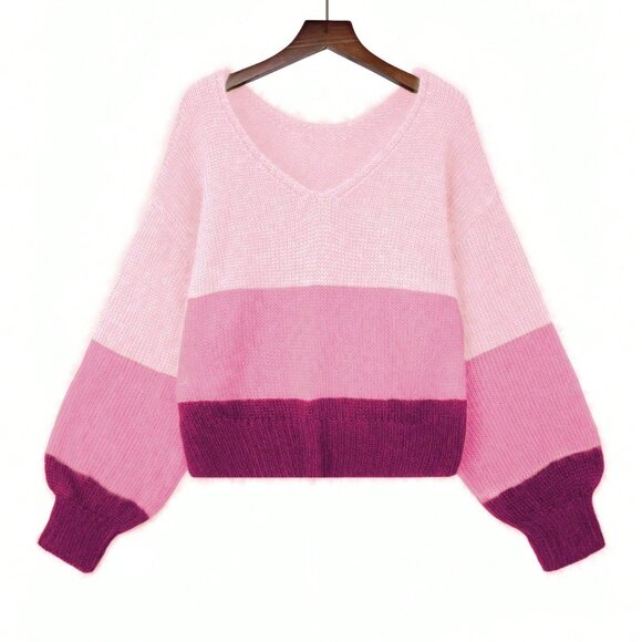 Multicolor Loose Fit Women's Color Block Backless Cropped Sweater - Picture 2 of 6